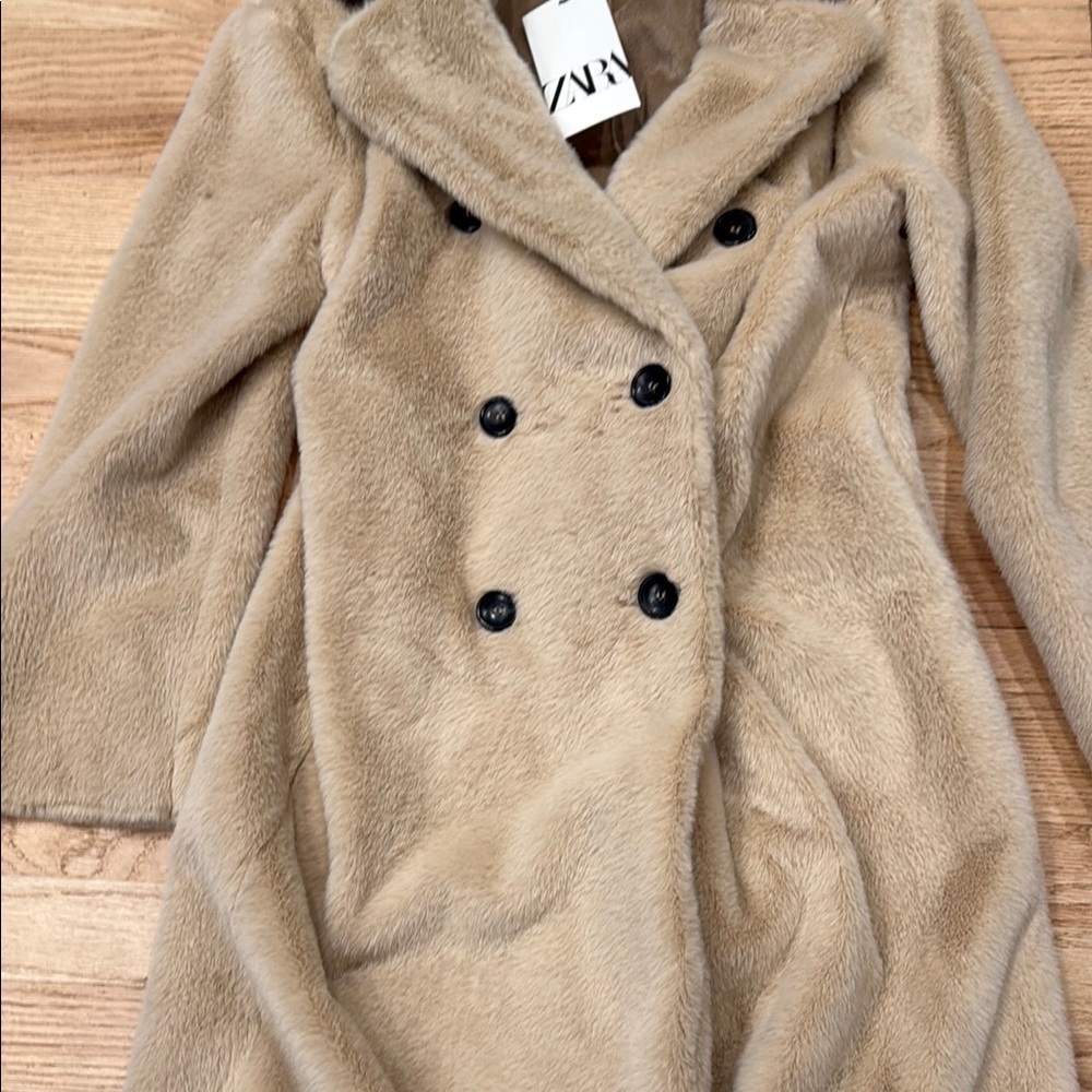 Zara Coat Sherpa Long Tan Teddy with Classic Double-Breasted Design - Picture 5 of 6